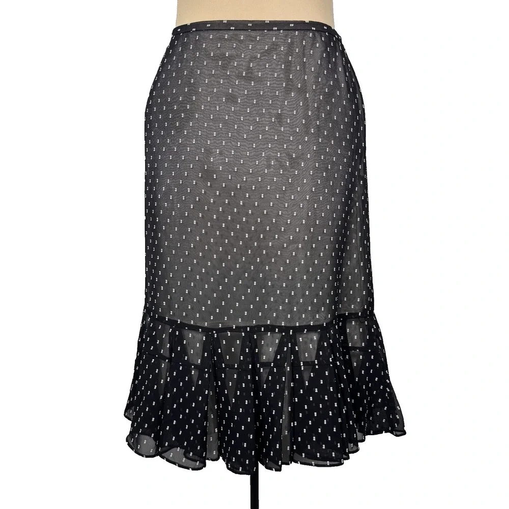 Ann Taylor LOFT Sheer Polka Dot Black Chiffon‎ Ruffle Hem Skirt 10P Workwear